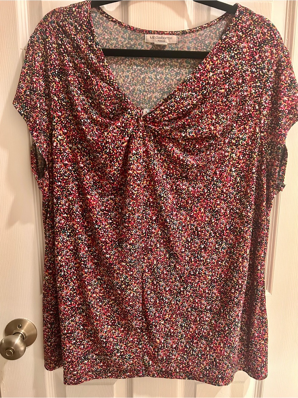 Liz Claiborne Multicolor Speckled Twist V-Neck Short Sleeve Top